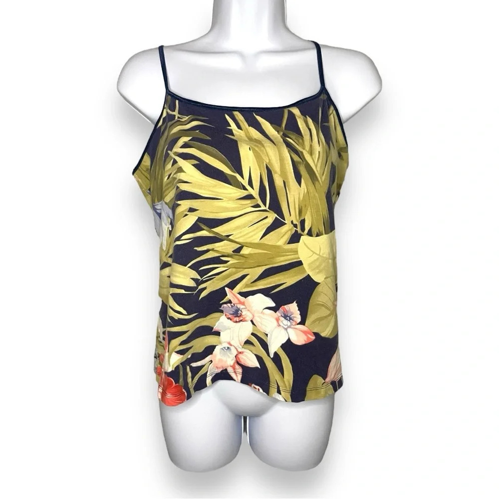 Caribbean Joe Navy Floral Palm Print Camisole with Yellow Green Leaves